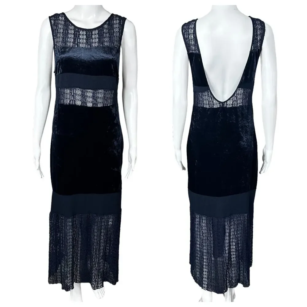 Free People Crushed Velvet Sheer Lace Blue Maxi Dress Large Fairy Witchy Gothic - Picture 2 of 16